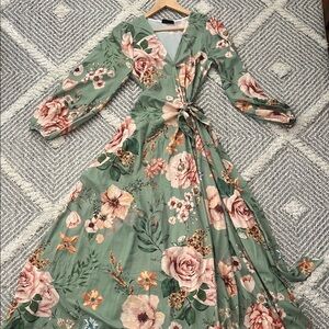 Vici Sage Green Floral Wrap Maxi Dress with Blush Roses